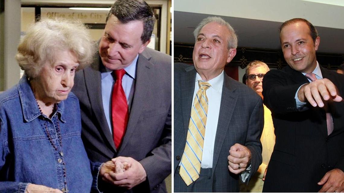 Joe Carollo and his mother, Graciela Carollo (left), and Tomas N. “Tommy” Regalado and his father, Mayor Tomas P. Regalado (right)