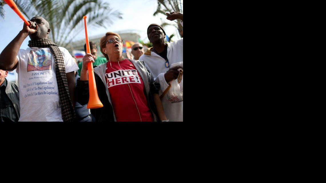 
Members of the Unite Here Local 355 labor union gathered at Miami International Airport on Dec. 12 to authorize a strike against restaurant concessionaire HMSHost.
