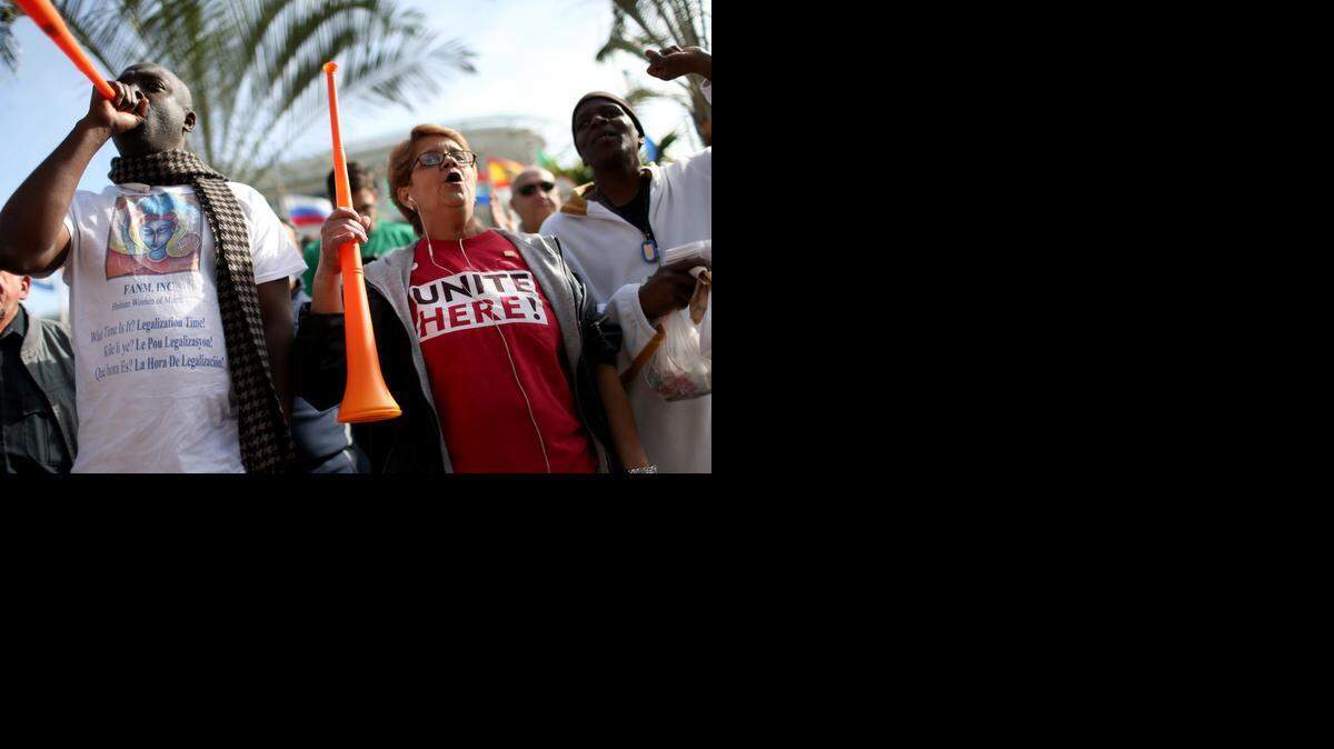 
Members of the Unite Here Local 355 labor union gathered at Miami International Airport on Dec. 12 to authorize a strike against restaurant concessionaire HMSHost.
