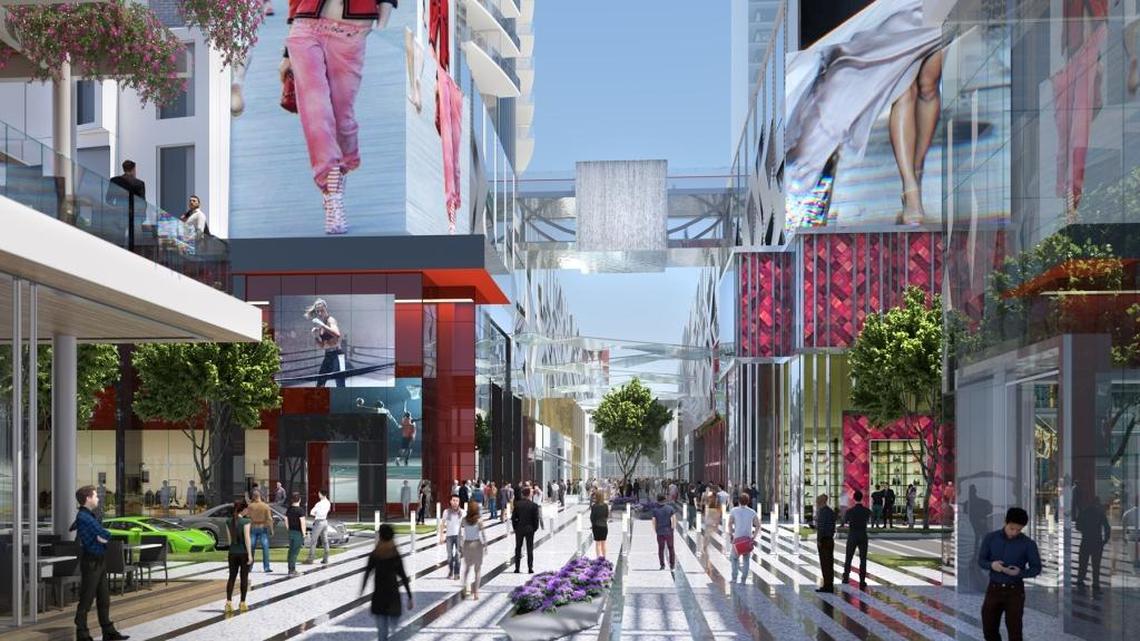 A rendering of the planned new open-air pedestrian retail mall that’s part of the proposed new plan for the Miami Worldcenter shopping district.