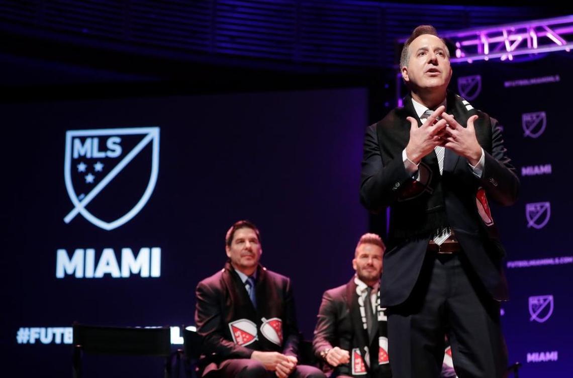 Jorge Mas speaks during a Jan. 29, 2018, event at the Adrienne Arsht Center for the Performing Arts celebrating approval by Major League Soccer to bring an expansion franchise to Miami. Seated behind Mas are partners Marcelo Claure, the CEO of Sprint, and David Beckham.