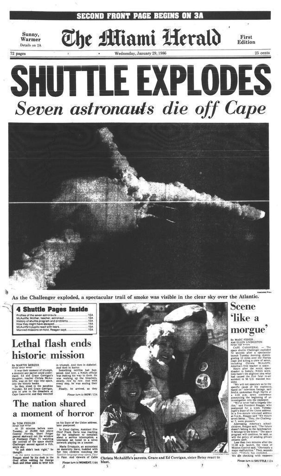 Front page of the Miami Herald on Jan. 29, 1986