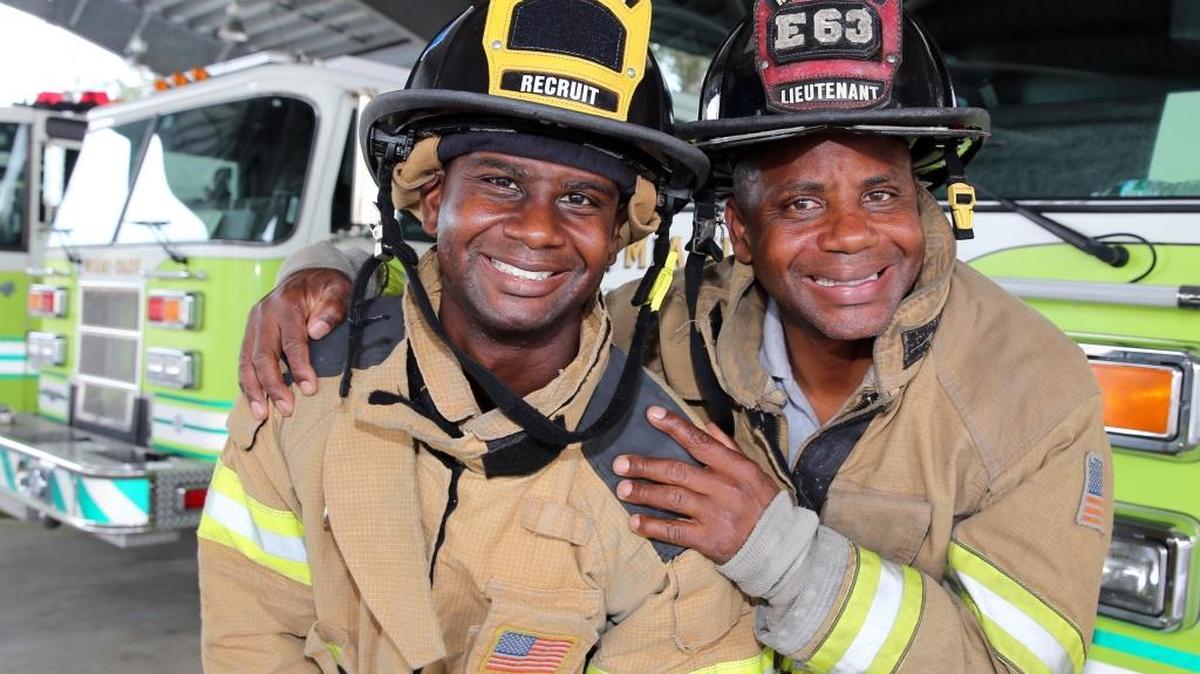 Lt. Darryl Sevalia Sr., right, has been with Miami-Dade Fire Rescue for 27 years. His son, Darryl Sevalia Jr., is now in recruit training.