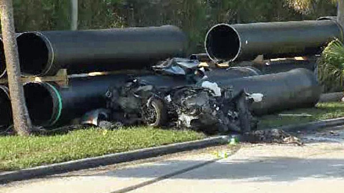 The driver died after losing control and crashing into sewer pipes.