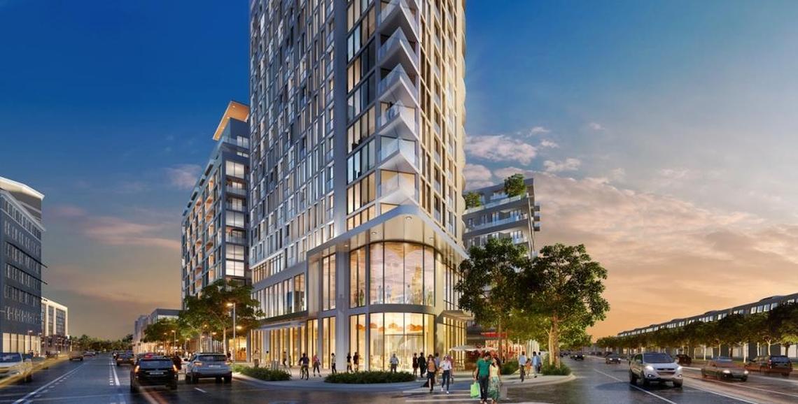 The owners who just sold South Miami’s Shops at Sunset Place had planned to demolish part of the mall and replace it with two apartment towers and a hotel at the corner of Red Road and South Dixie Highway, shown here in an architectural rendering.