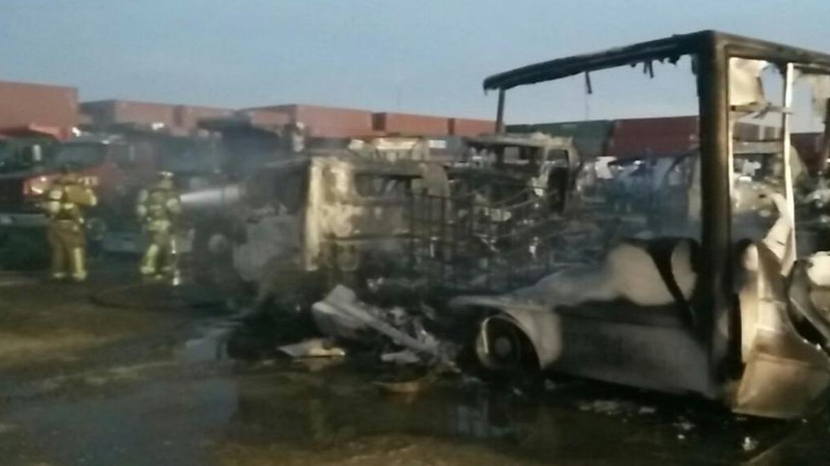 Four tractor-trailers burned in a fire in Medley Thursday.