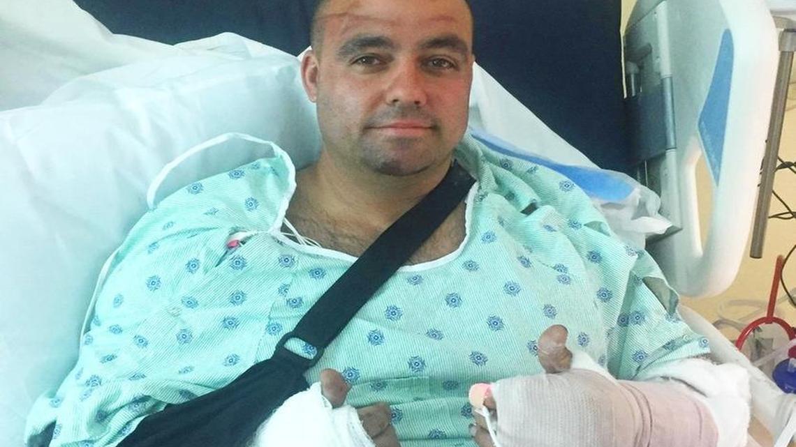 Officer Maikel Rodriguez was recovering Wednesday after he was involved in a crash Tuesday while he rode in Hillary Clinton’s motorcade as she campaigned in South Florida.