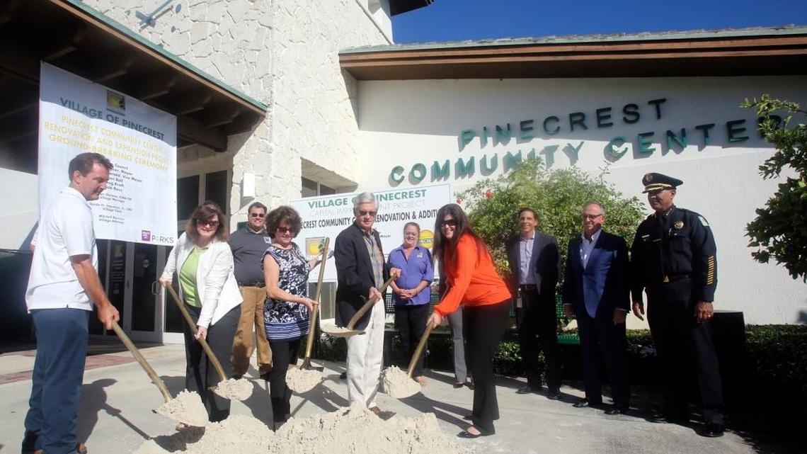 Pinecrest held a groundbreaking for the expansion of its community center on Friday. Holding shovels are Councilmember Doug Kraft, left, Councilmember Cheri Ball, Mayor Cindy Lerner, Vice Mayor James E. McDonald, and City Manager Yocelyn Galiano. .