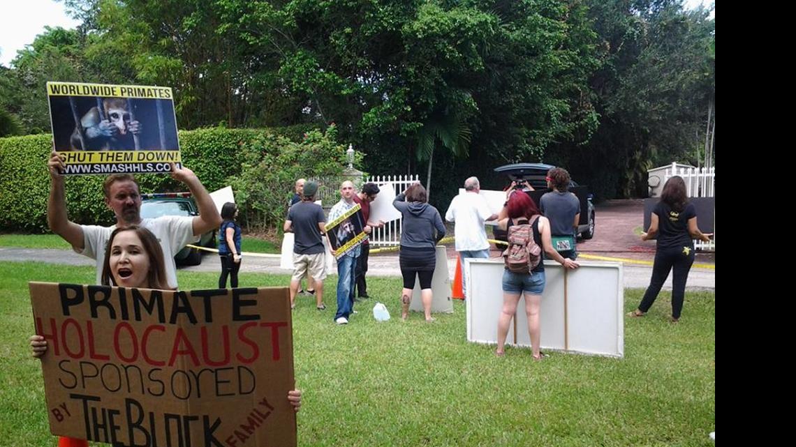 
Activists in 2013 protest outside the Pinecrest home of Matt and Brooke Block, who own Worldwide Primates, one of the largest importers of monkeys for research and testing in the United States.
