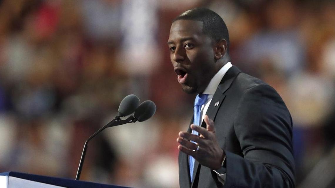 Andrew Gillum, mayor of Tallahassee, speaks during the third day of the Democratic National Convention in Philadelphia.
