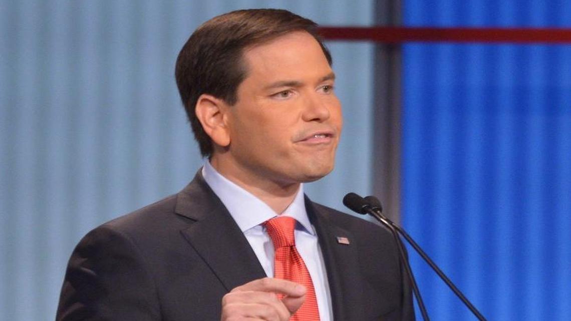 
Republican presidential hopeful Marco Rubio speaks during the prime time Republican presidential primary debate Thursday night at the Quicken Loans Arena in Cleveland.

