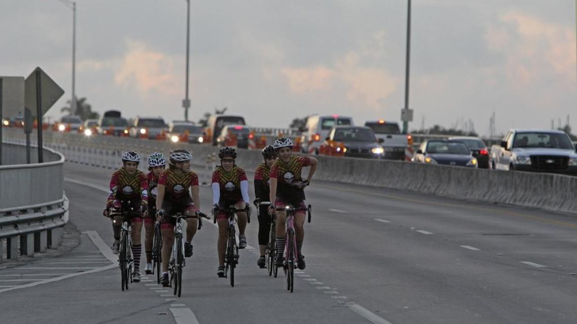 Cyclists ride on the closed westbound side of the Bear Cut during repairs on Jan. 4, 2013.
