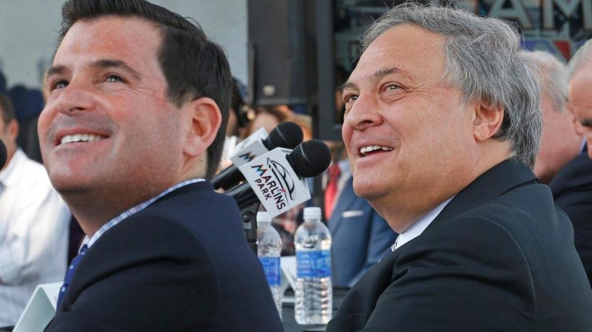 David Samson, then the president of the Miami Marlins, and Jeffrey Loria, then the owner, pictured at Marlins Park in February 2015. Loria’s accountants recently concluded the former owner does not owe anything to Miami or Miami-Dade from his $1.2 billion sale of the team, despite a 2009 stadium agreement that gave the two governments a 5 percent share of certain proceeds from a sale.