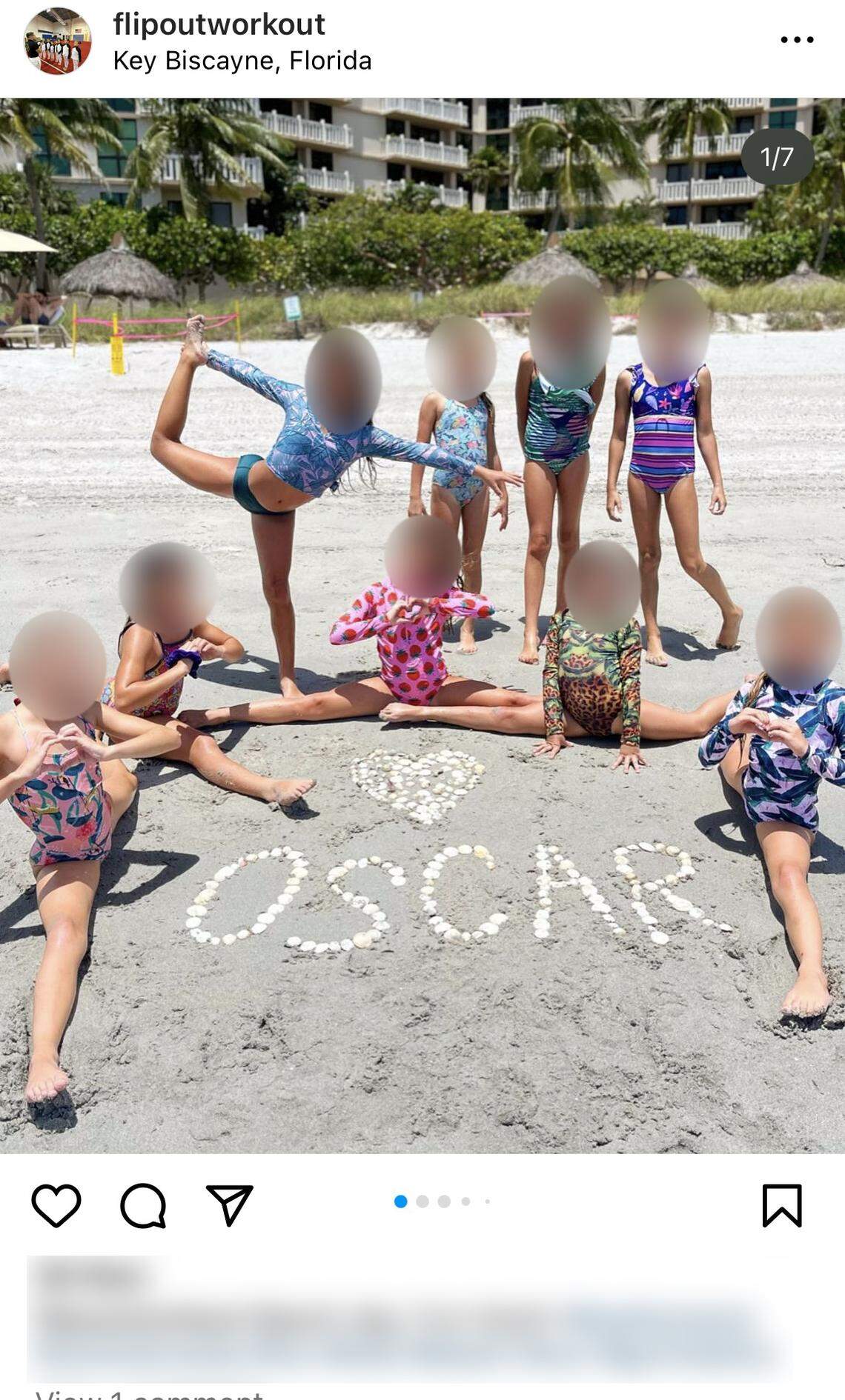 Screenshot of an Instagram post from Flipout Workout. Gymnastics students are pictured at the beach during a beach workout with Oscar Olea.