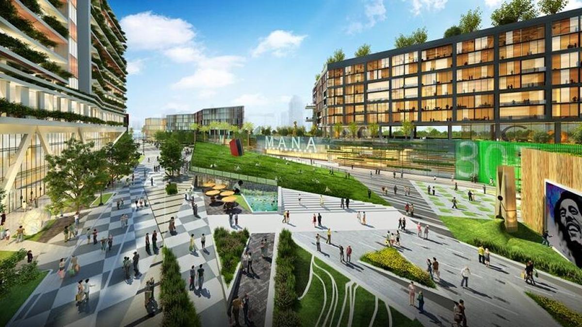 A rendering of conceptual plans for the Mana Commons in the east zone of the Mana Wynwood mega-project