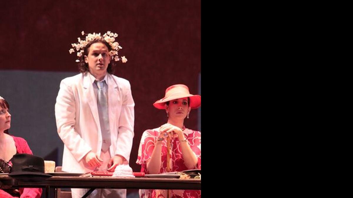 
Matthew Maness in the title role and Jennifer Zamorano as Lady Billows in Britten’s ‘Albert Herring’ at the Miami Summer Music Festival. 
