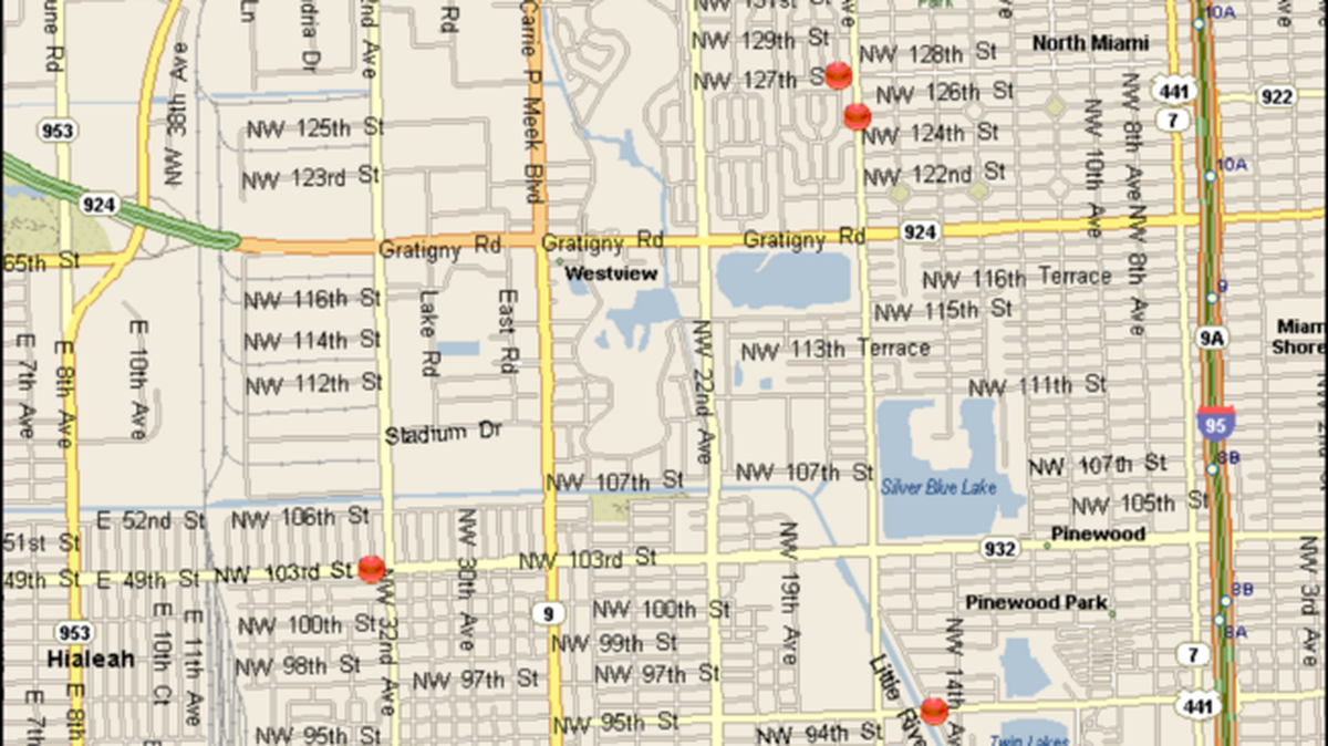 Miami-Dade Police Department detectives mapped where two shootings and four robberies happened in Northwest Miami-Dade Sunday.