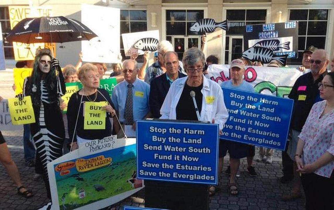Former Martin County Commissioner Maggy Hurchalla addresses demonstrators outside the South Florida Water Management District meeting. Hurchalla and protesters wanted the state to buy U.S. Sugar land for Everglades restoration.