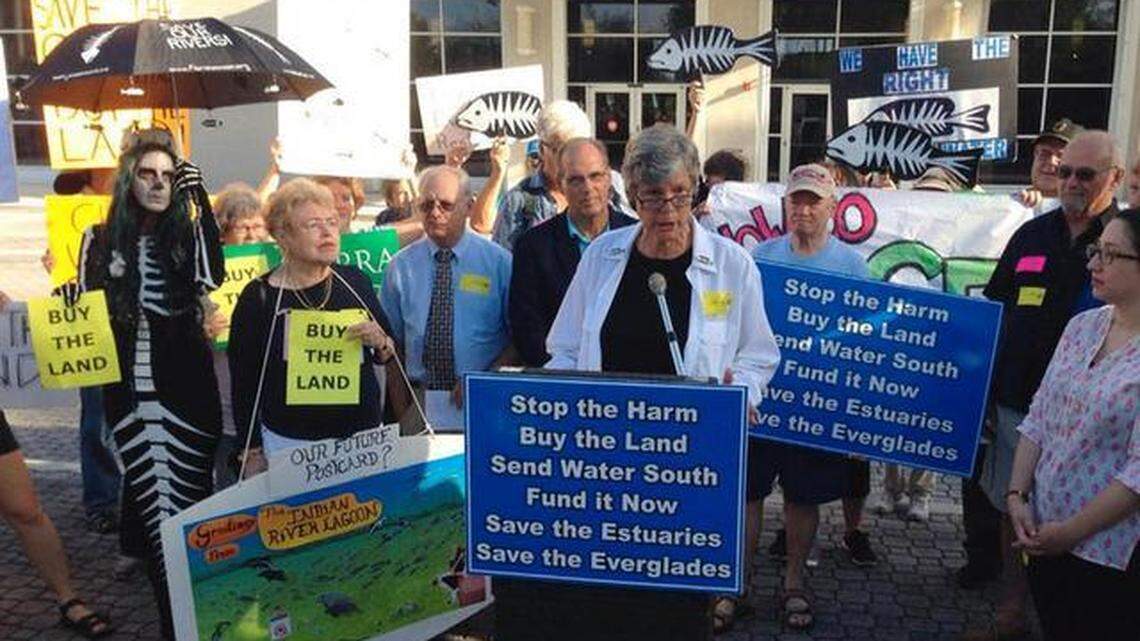 
Former Martin County Commissioner Maggy Hurchalla addresses demonstrators outside the South Florida Water Management District meeting. Hurchalla and protesters wanted the state to buy U.S. Sugar land for Everglades restoration.
