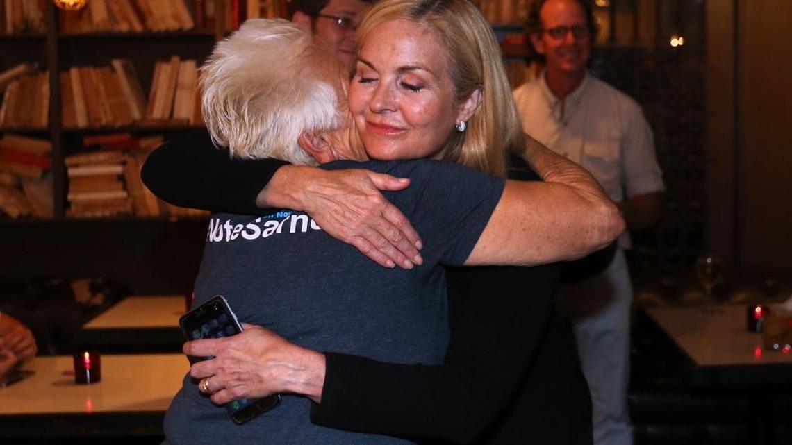 Miami City Commission Candidate Teresa Sarnoff is greeted by a supporter at Greenstreet Cafe in Coconut Grove on election night, Nov. 3, 2015.