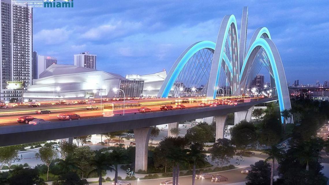 A view of the new Interstate 395 expressway and signature bridge with park space below in the proposal by the Archer Western-The de Moya Group.