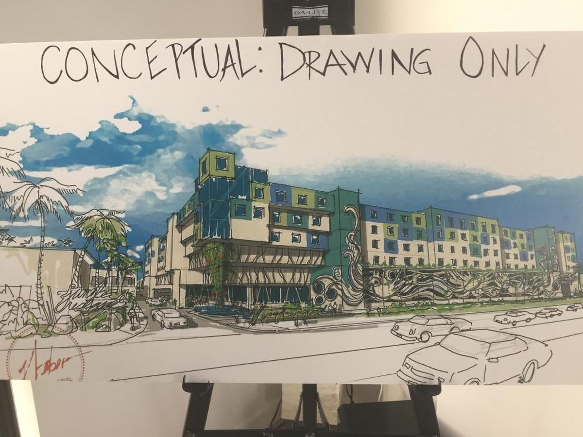 A conceptual drawing created to show the layout Jungle Island prefers for its proposed hotel, located where a parking garage curently sits off the MacArthur Causeway.