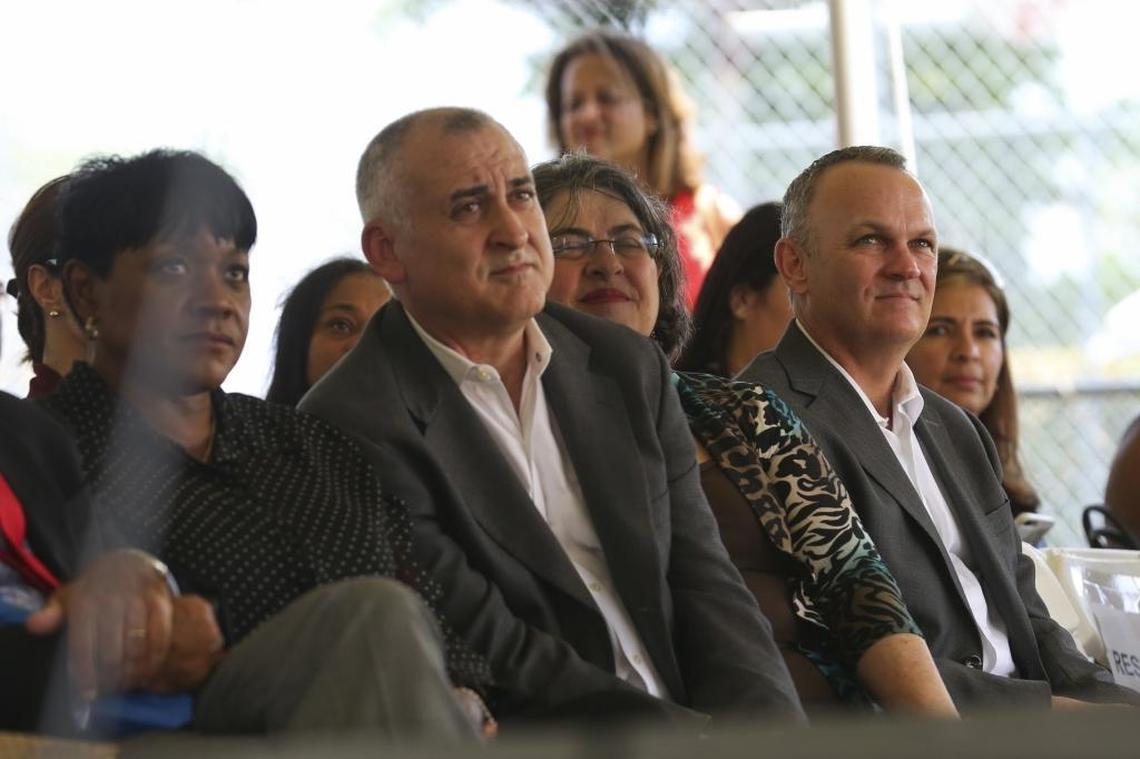 Speaker of the Florida House of Representatives Richard Corcoran, far right, and Esteban “Steve” Bovo, chairman of the County Commission, attend the groundbreaking ceremony for the Liberty Square Rising project.
