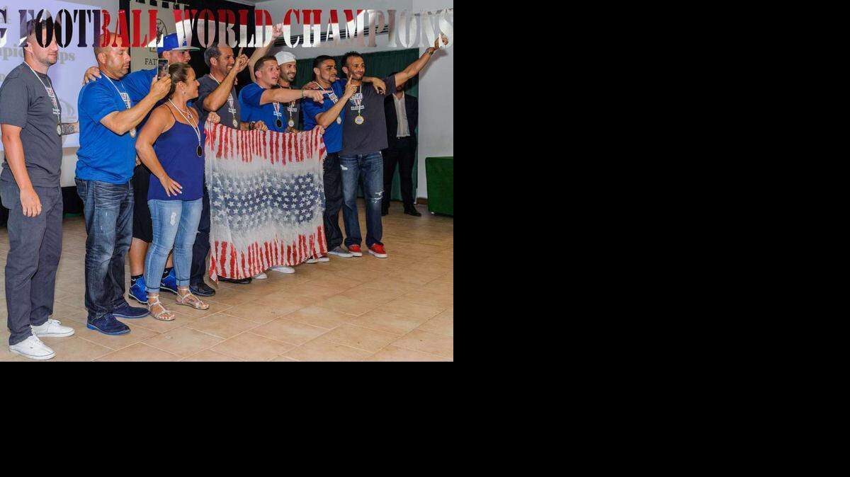 
International acclaim: Miami-Dade County’s Rolando Reyes, Jorge Cascudo, Justin Romano, Eric Sicre, Johnathan Cruz, Carlos Jaime, Jason Masters and Manny Sanabia, representing the United States, won the International Federation American Football Flag Football World Championships in Rome, Italy.
