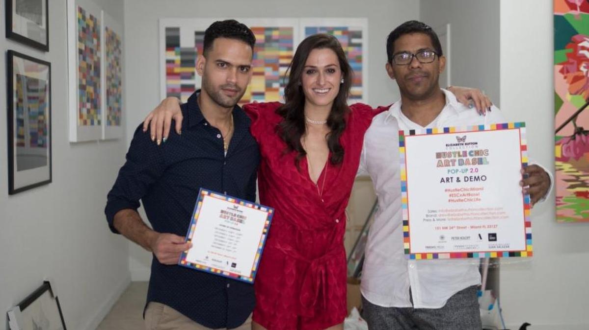 Elizabeth Sutton poses with Juan Salazar Salas, left, and Pedro Valerino, right, before their Miami Art Week event. Salas and Valerino were rear-ended by another car in an accident on I-95 during Art Basel. Salas was thrown from the car and died. Valerino is in critical condition. Sutton has created a GoFundMe page to help their families.