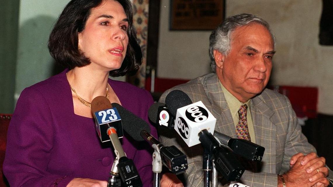 Magda Montiel Davis (left) speaks out against certain exile groups in Miami and the disrespect for United States Laws protecting freedom of speach and how she has been treated since her trip to Cuba with a group of exiles . She also sited Americas Watch report that singled out Miami for Human Rights abuses by those same anti-Castro groups and radio programs. On the right is Eddie Levy and they held the press conference in Little Havana.