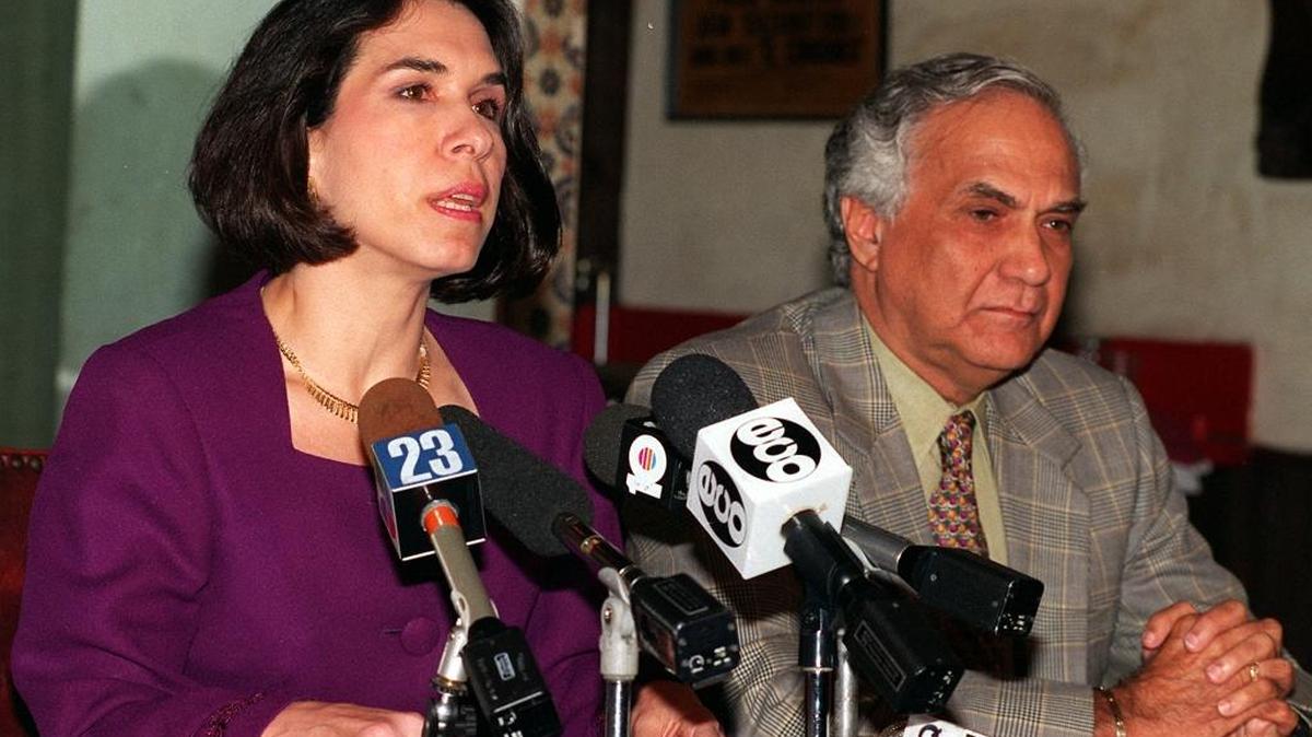 Magda Montiel Davis (left) speaks out against certain exile groups in Miami and the disrespect for United States Laws protecting freedom of speach and how she has been treated since her trip to Cuba with a group of exiles . She also sited Americas Watch report that singled out Miami for Human Rights abuses by those same anti-Castro groups and radio programs. On the right is Eddie Levy and they held the press conference in Little Havana.