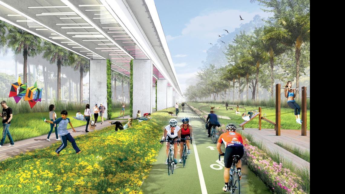 
An artistic rendering of the Underline, a 10-mile linear park proposed to run under the Metrorail system from Miami to Dadeland. 

