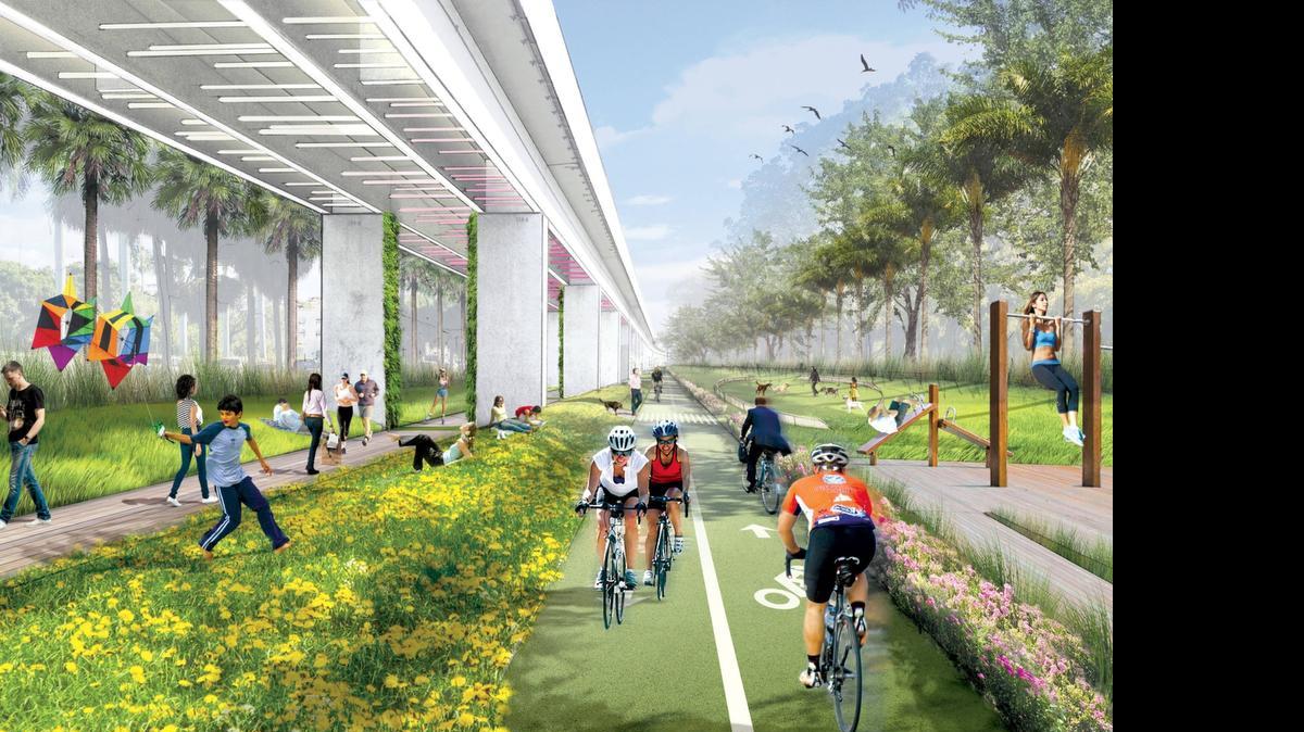 
An artistic rendering of the Underline, a 10-mile linear park proposed to run under the Metrorail system from Miami to Dadeland. 
