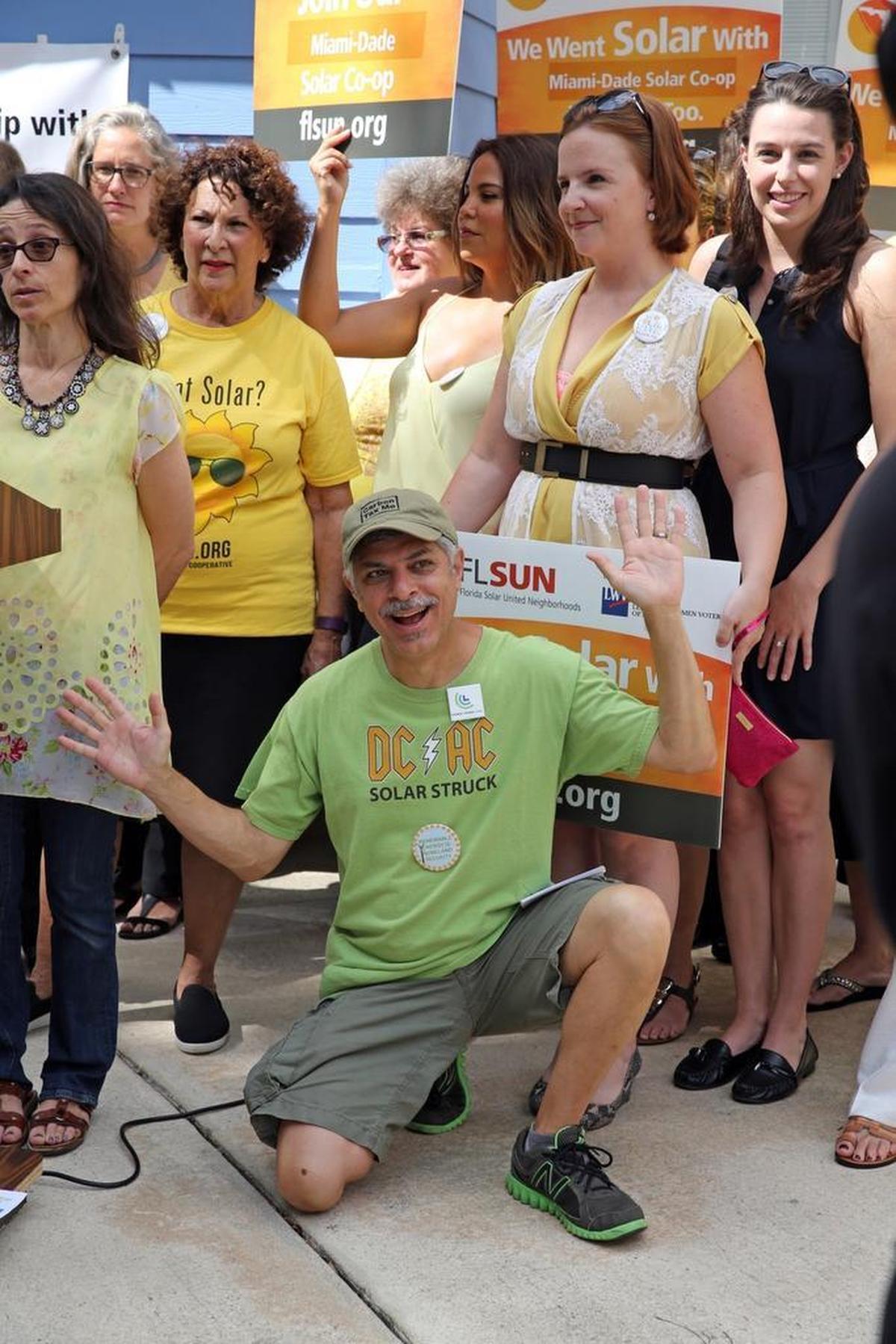 Greg Hamra, Miami chapter leader of the Citizens’ Climate Lobby Group, took part in a press conference announcing the ‘solar co-op’ program Wednesday in front of South Miami City Hall.