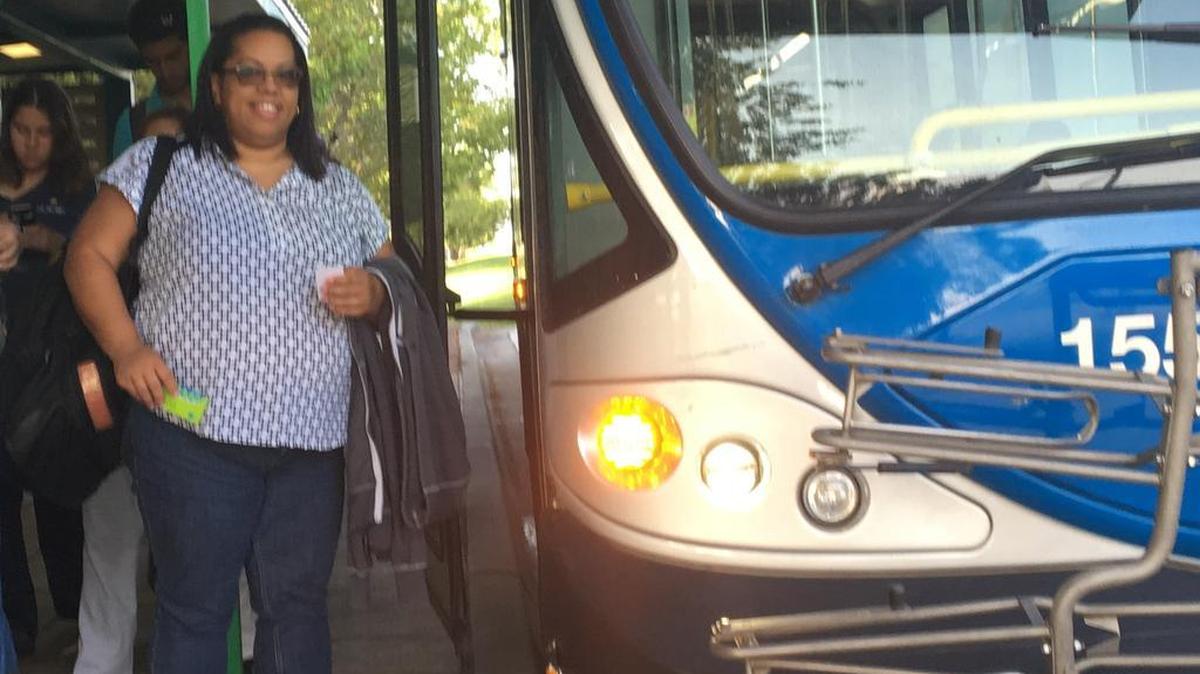 Dania Franco pauses before boarding the 34 Express from Cutler Bay to the Dadeland South Metrorail station on a recent weekday morning.