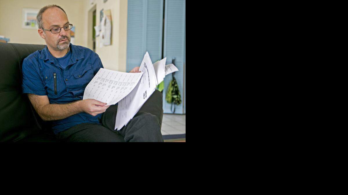 
Tony Smith, who was diagnosed with HIV in 2008, is worried he may not be able to afford his medication costs under ACA coverage for 2015. Here Smith sorts through insurance papers at his home in Coral Springs on Oct. 22.
