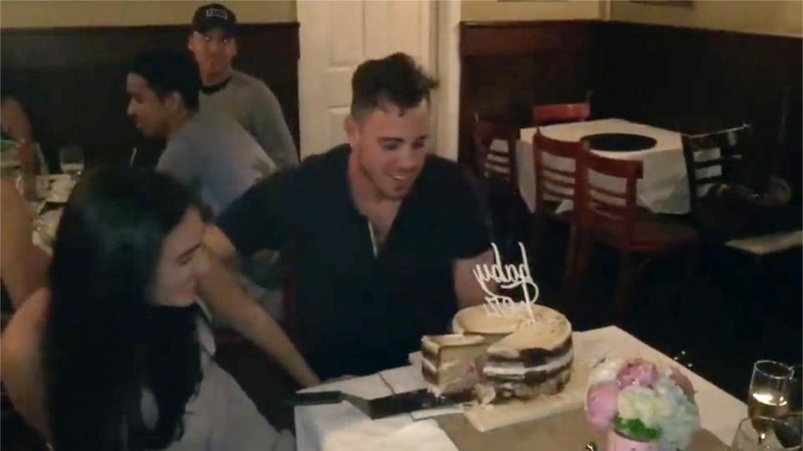 A screenshot from a video on Facebook shows José Fernández and the cake that revealed to him he would have a daughter.