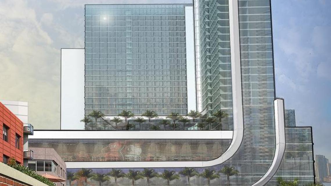 A new rendering of MDM Development Group’s planned expo center and hotel in downtown Miami. The developer is breaking up the project into two phases.