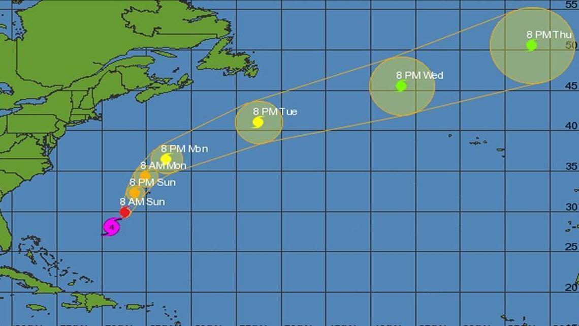 
Hurricane Joaquin’s projected path as of 11 p.m. Saturday, Oct. 3, 2015.
