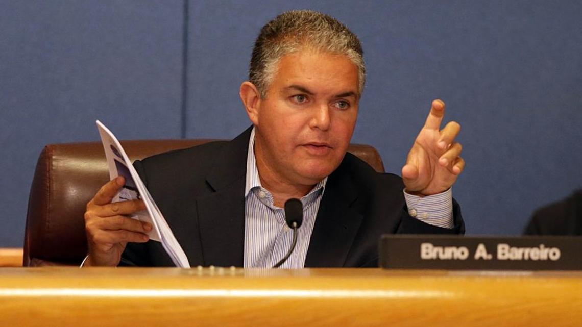 Former Miami-Dade County Commissioner Bruno Barreiro during a 2015 meeting. He resigned his seat Saturday, and the remaining commissioners may call a special election this summer to replace him.