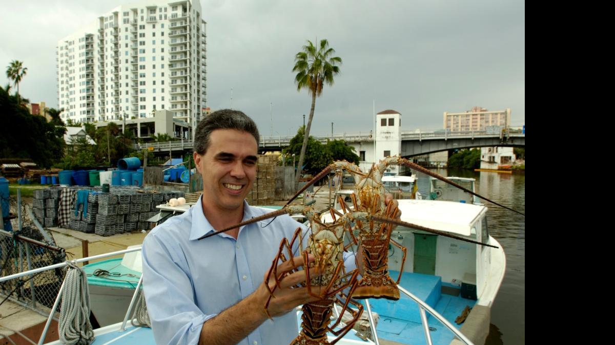 
Manny Prieguez Jr. holds two Florida lobsters in 2008. His family is selling its wholesale lobster & stone crab business on the Miami River, potentially complicating plans to replace the Southwest First Street Bridge (seen in the background.)
