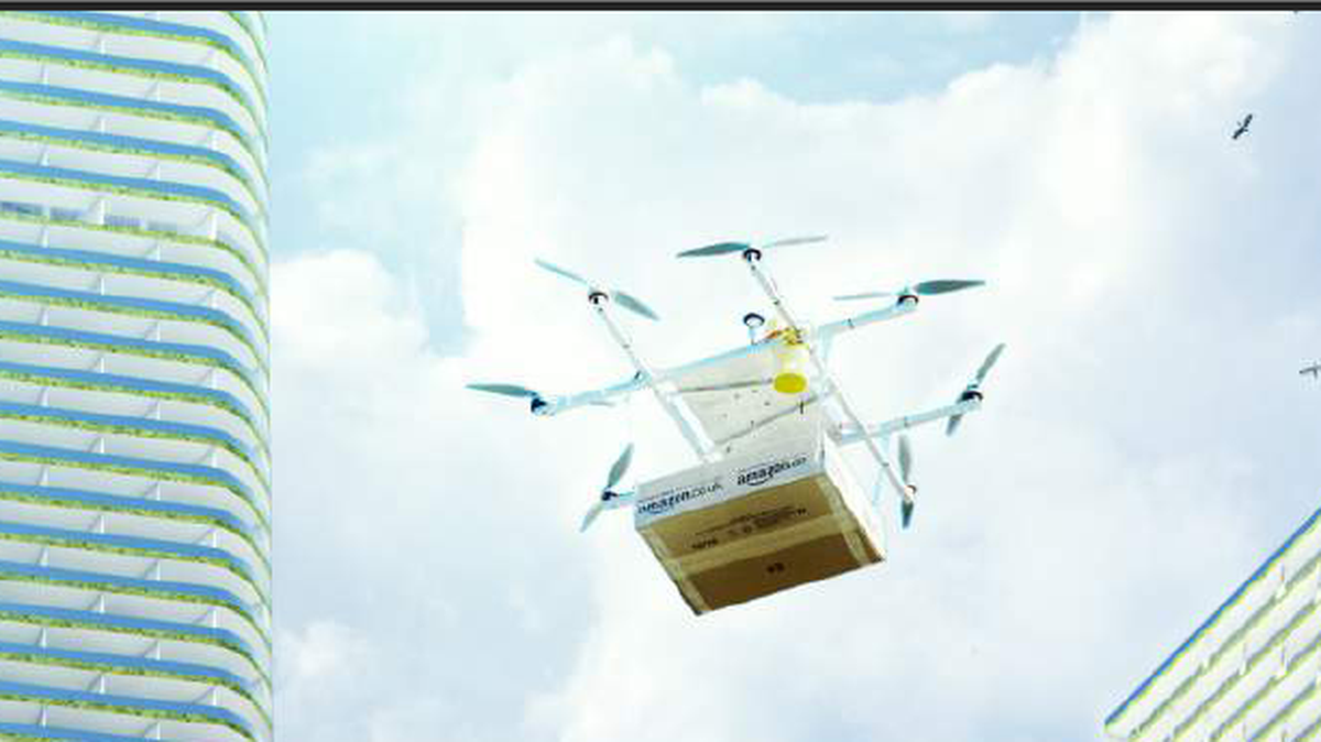 A close-up of the Amazon delivery drone that the Miami Innovation District added to its existing project renderings for Miami’s application to be the Seattle-based company’s second headquarters site.