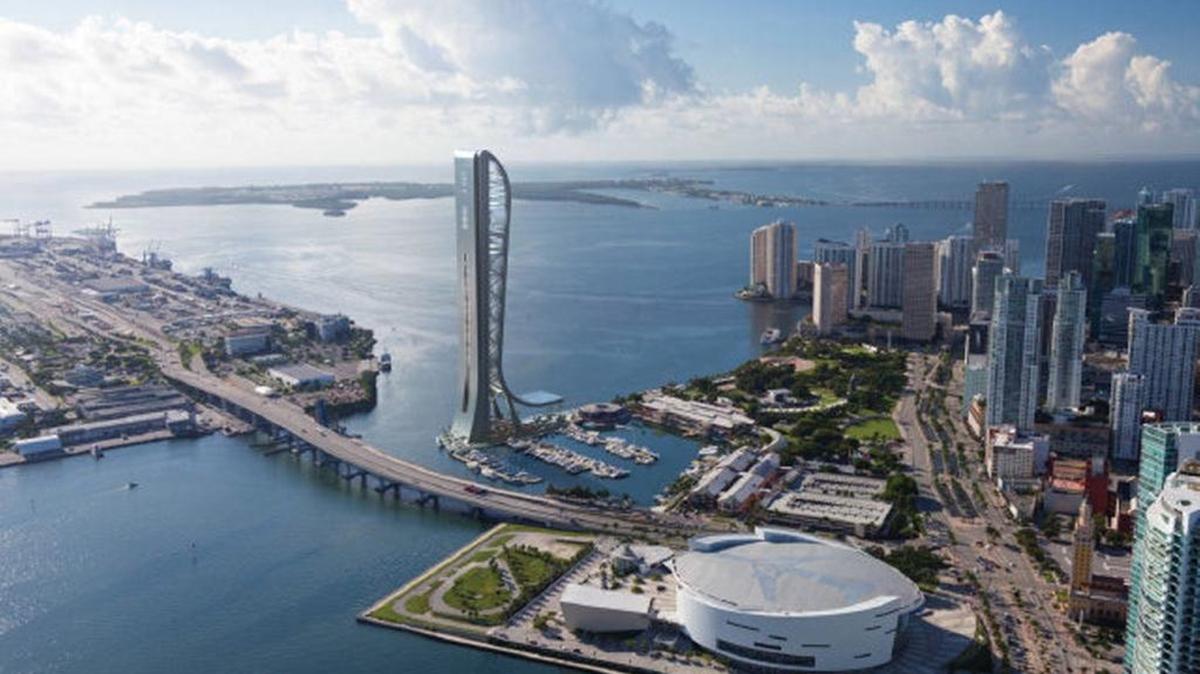 A rendering of SkyRise Miami, a 1,000-foot observation tower proposed for downtown Miami.
