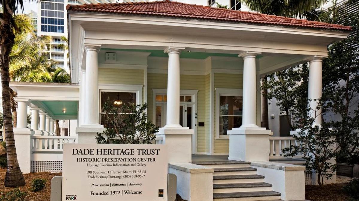 The entrance to the historic Dr. James M. Jackson office in Brickell, headquarters for the Dade Heritage Trust preservation group.