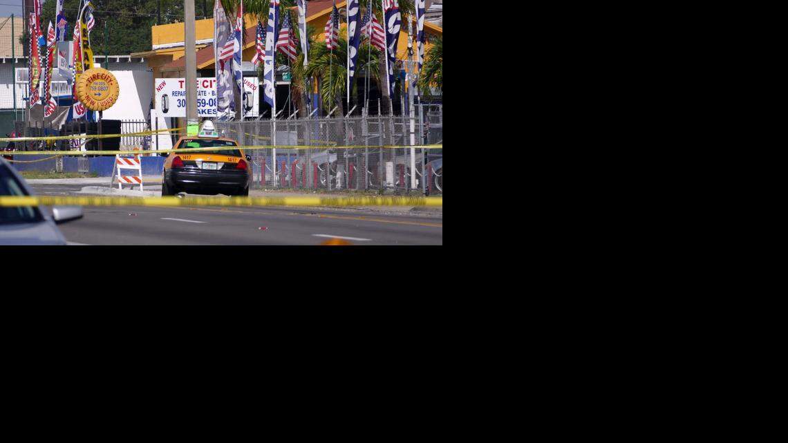 
This is the scene Tuesday morning on Northwest 79th Street and Fourth Avenue., where a driver shot at a Miami police officer then drove away in his squad car.
