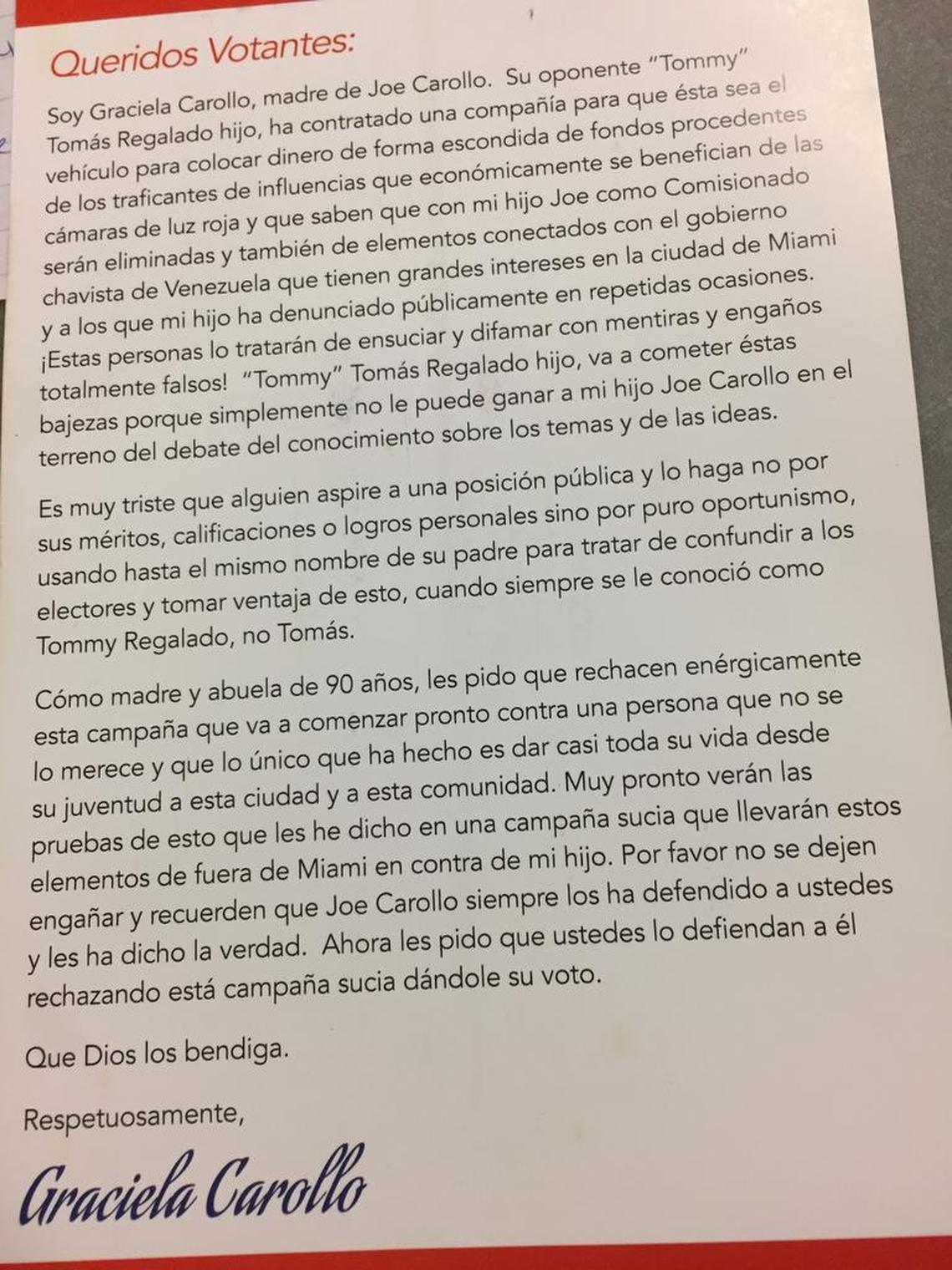 Graciela Carollo, the 89-year-old mother of District 3 candidate Joe Carollo, wrote a letter distributed by her son’s campaign warning voters to ignore dishonest attacks against her son.