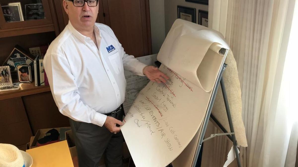 Emilio González, outgoing director of Miami International Airport, flips through an easel with yearly goals from his four-year tenure running the county-owned facility. He points to successes in expanding international flights east and west, and in growing traffic.