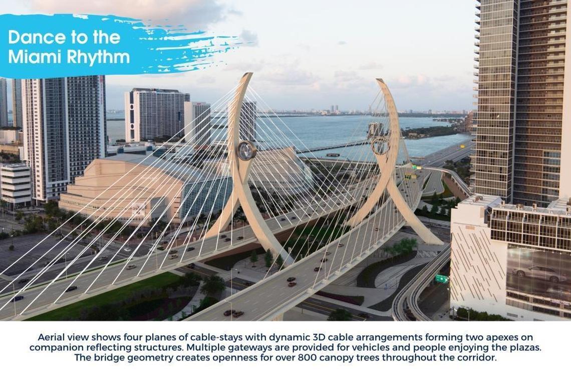 An overhead view of the Interstate 395 signature bridge over Biscayne Boulevard by the Fluor-Astaldi-MCM team.