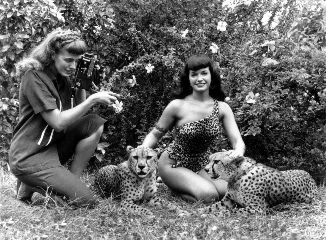 From The Famous Bettie Page. Photographer Bunny Yeager shooting Bettie Page in 1954 at Africa, USA near Boca Raton, Fl. Page lived in Miami at the time.