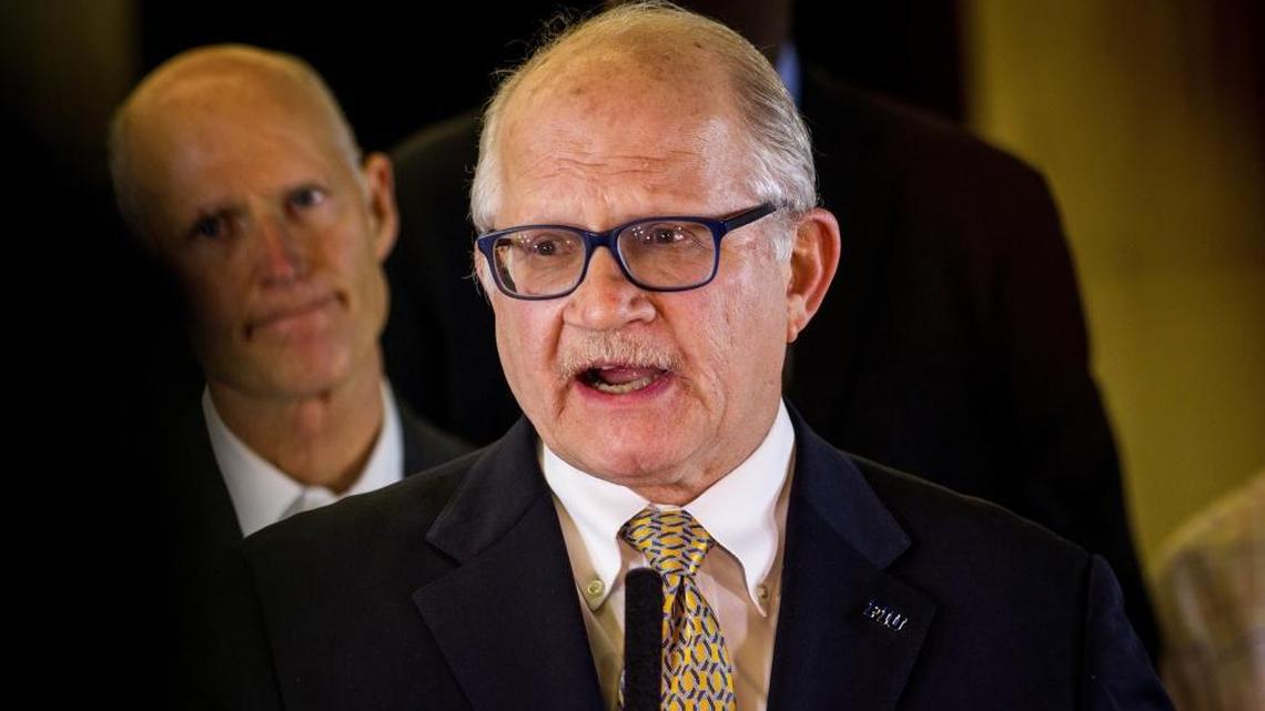 FIU President Mark Rosenberg speaks during a press conference at FIU Health Ambulatory Care Center adressing the new bridge collapse on Thursday.